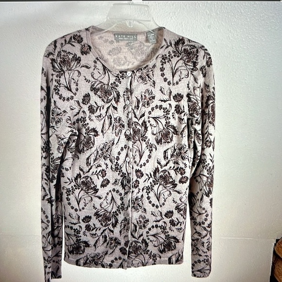 KATE HILL ITALIAN MERINO WOOL Button down cardigan. Brown Floral. Size Small - Picture 1 of 8